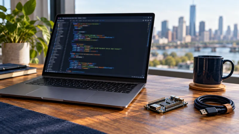Laptop and development tools on a portable workspace
