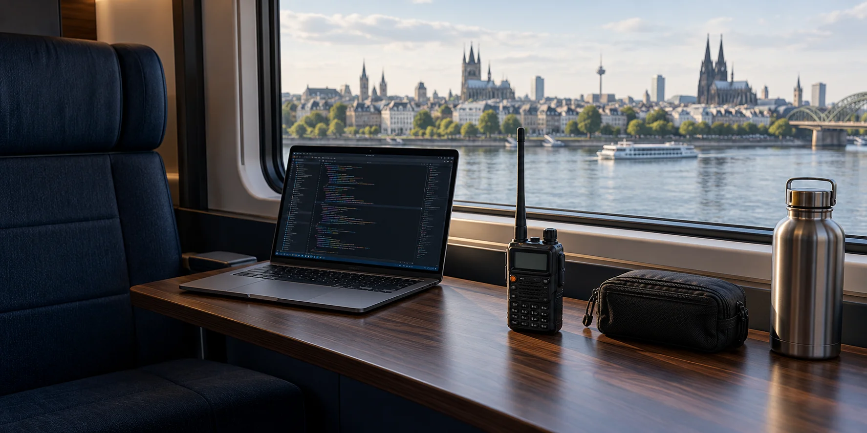 Laptop, radio, and a compact everyday carry kit at a train window overlooking the city