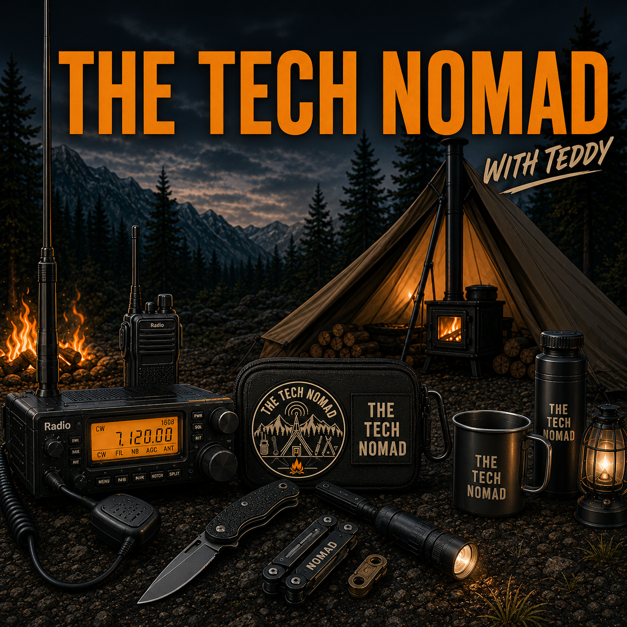 The Tech Nomad square camp image with radio, hot tent, EDC gear, and branded field tools