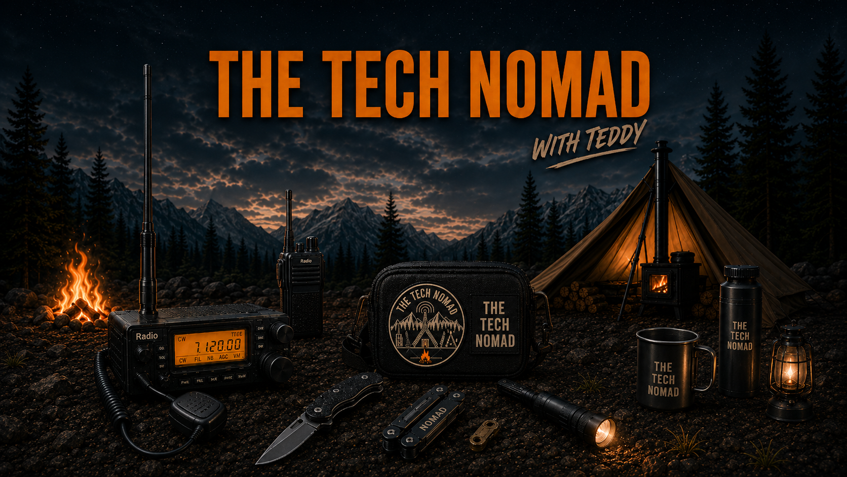 The Tech Nomad camp, radio, EDC, hot tent, flashlight, and field gear under starry skies