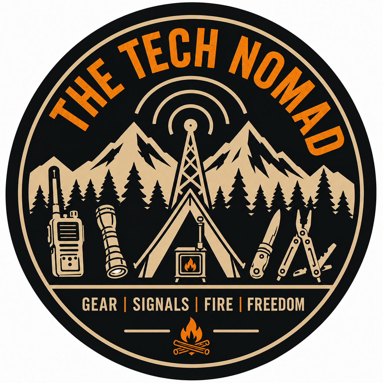 The Tech Nomad round patch logo with radio, tent, mountain, flashlight, knife, and multitool artwork